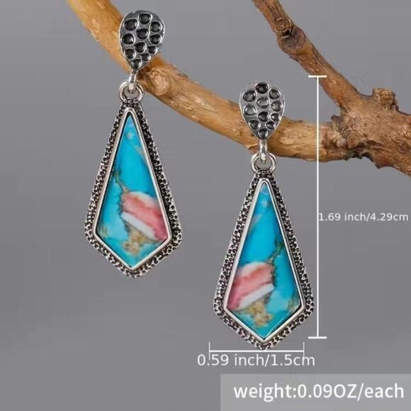 ✨🆕✨ Boho Ethnic Square Green Stone Silver Plated Dangle Earrings✨ - Picture 6 of 10